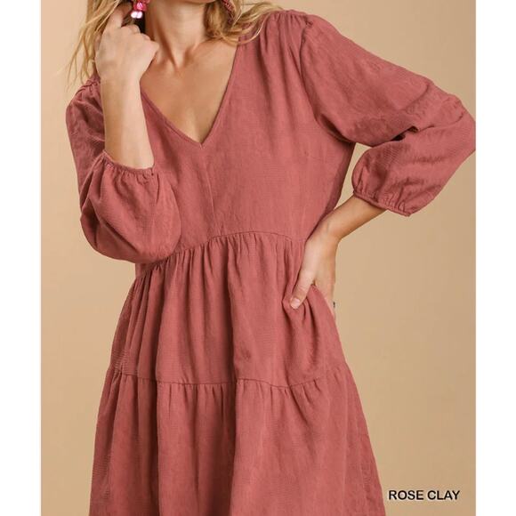 Umgee Dresses & Skirts - Umgee 3/4 Sleeve V-Neck Tiered Maxi Dress V-Back Cotton Boho Pullover Size 1X